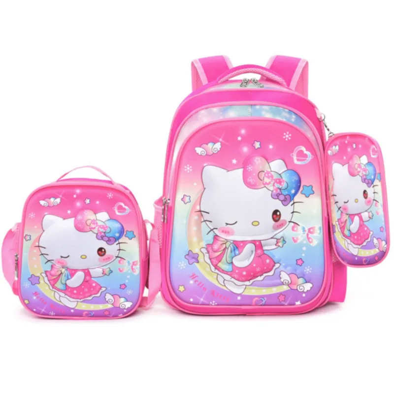 Miniso 3D Hello Kitty Backpack Elementary School Backpacks 3-piece Set Children\'s Cartoon Backpack And Pencil Case And Meal Bag