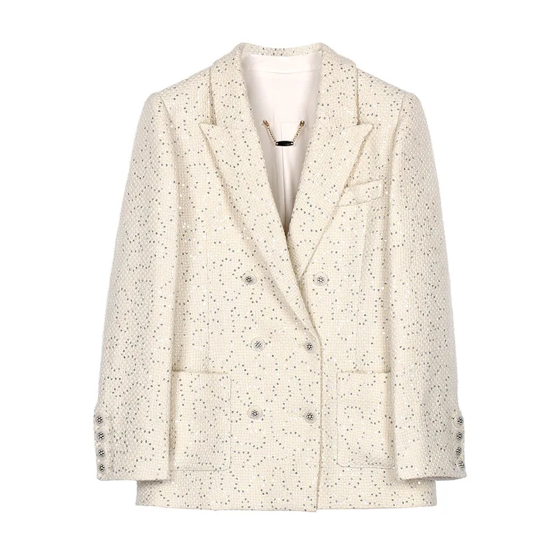 Fashion Simple Sequins Loose Joker Small Fragrance Blazer Women Coat High Quality Casual Tweed Long Sleeve Lady Suit Jacket