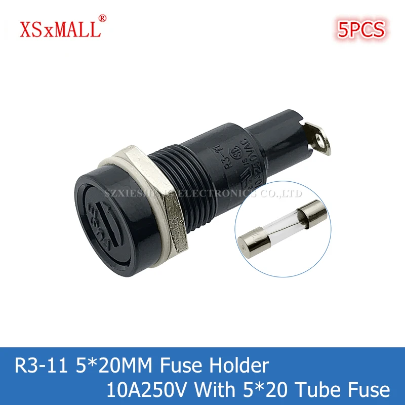 5 peças R3-11 5*20mm suporte de fusível 10a250v montagem em painel base de fusível de baquelite de resistência de alta temperatura com fusível de tubo de 5*20mm