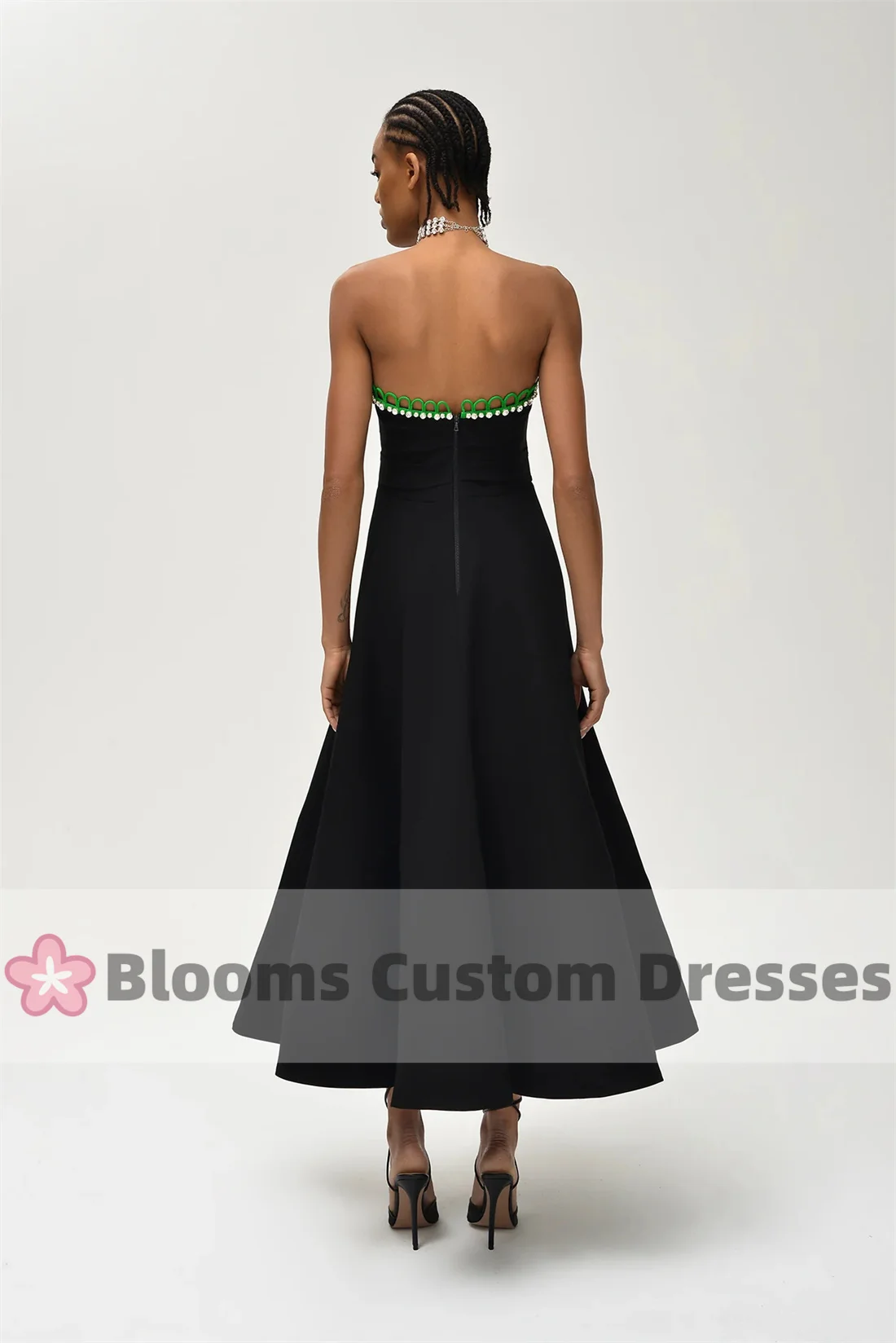 Blooms Strapless Black A-Line Customized Evening Dress For Special Occasion Rhinestone Green Backless Elegant Party Prom Dresses