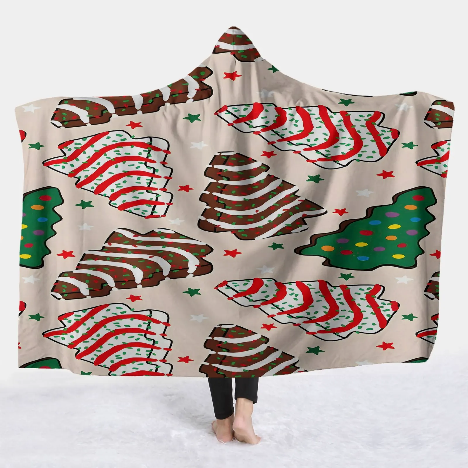 1 unidad: diseño decorativo para galletas con motivos navideños y una manta con capucha, de tejido polar suave, cálida y acogedora, ideal para el sofá, la cama o la oficina.