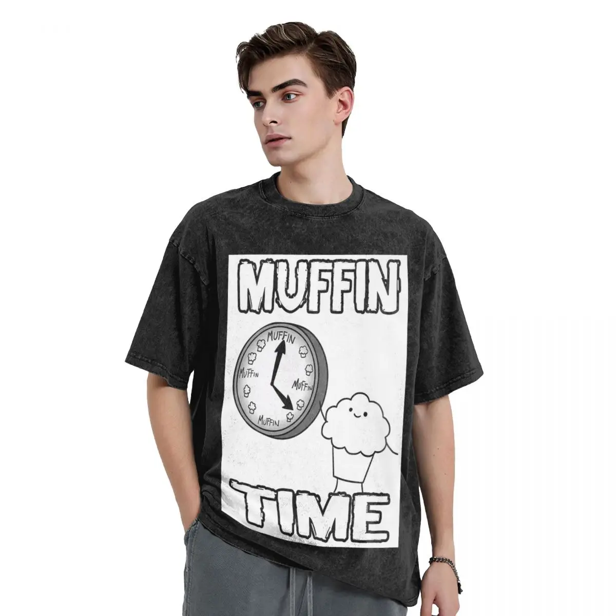 

It Is Muffin Time (With Text) Washed T Shirts Oversized Short Sleeve Hip Hop T-Shirt Streetwear Tops Tees for Men Women