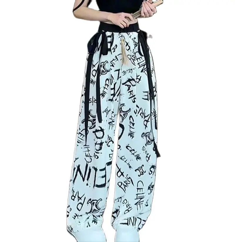 2024 Tie Dye High Waist Women's Straight Full Floor Length Pants Rabbit Letters Bamboo Pattern Non Strech S-XL Soft Fashion