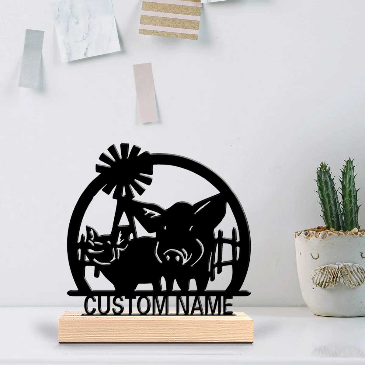 1 قطعة تماثيل معدنية رومانسية مخصصة للخنزير ديكور مطبخ ريفي مع قاعدة خشبية ، مثالية للمزرعة ، Cottagecore Sty #3