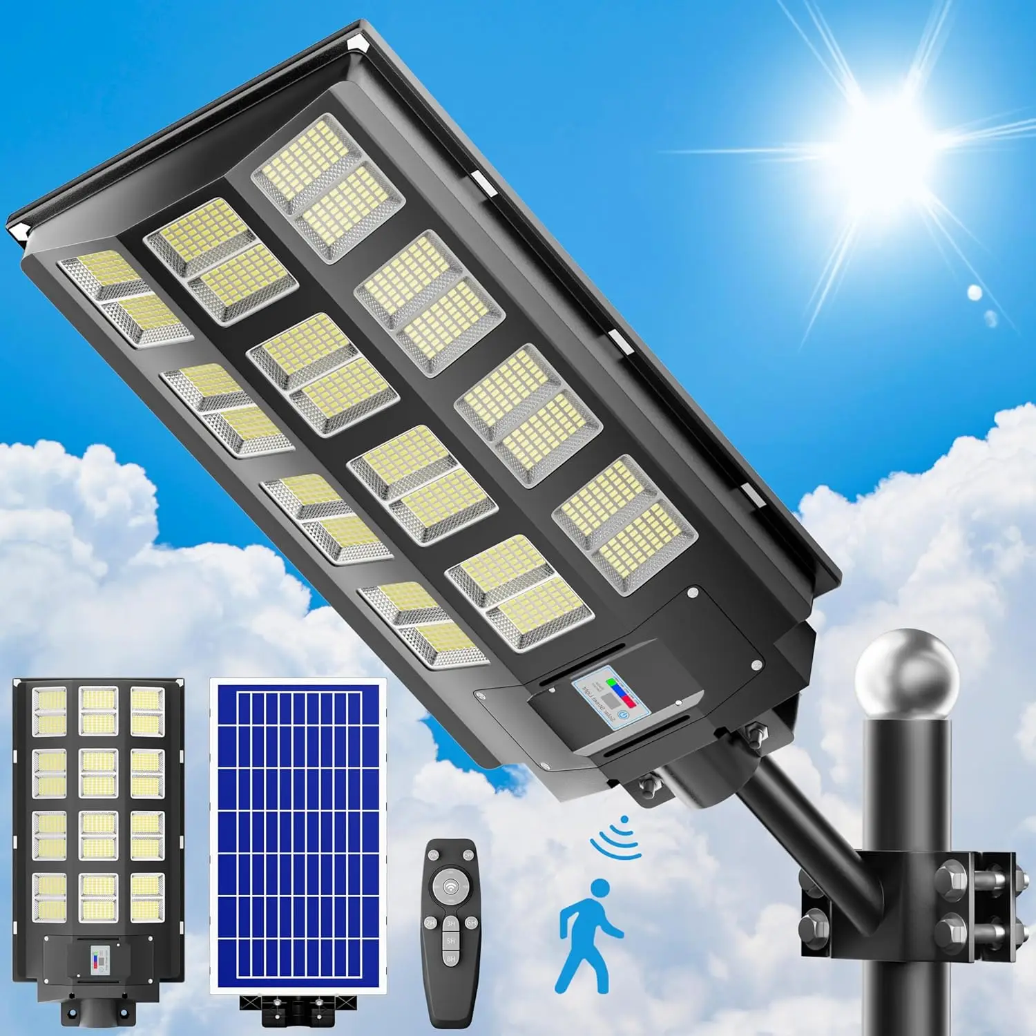 

Solar Street Light 8000W 120000 Lumens Outdoor Waterproof LED with Motion Sensor, 7000K Dusk to Dawn, for Parking Lot Yard 1-Pac