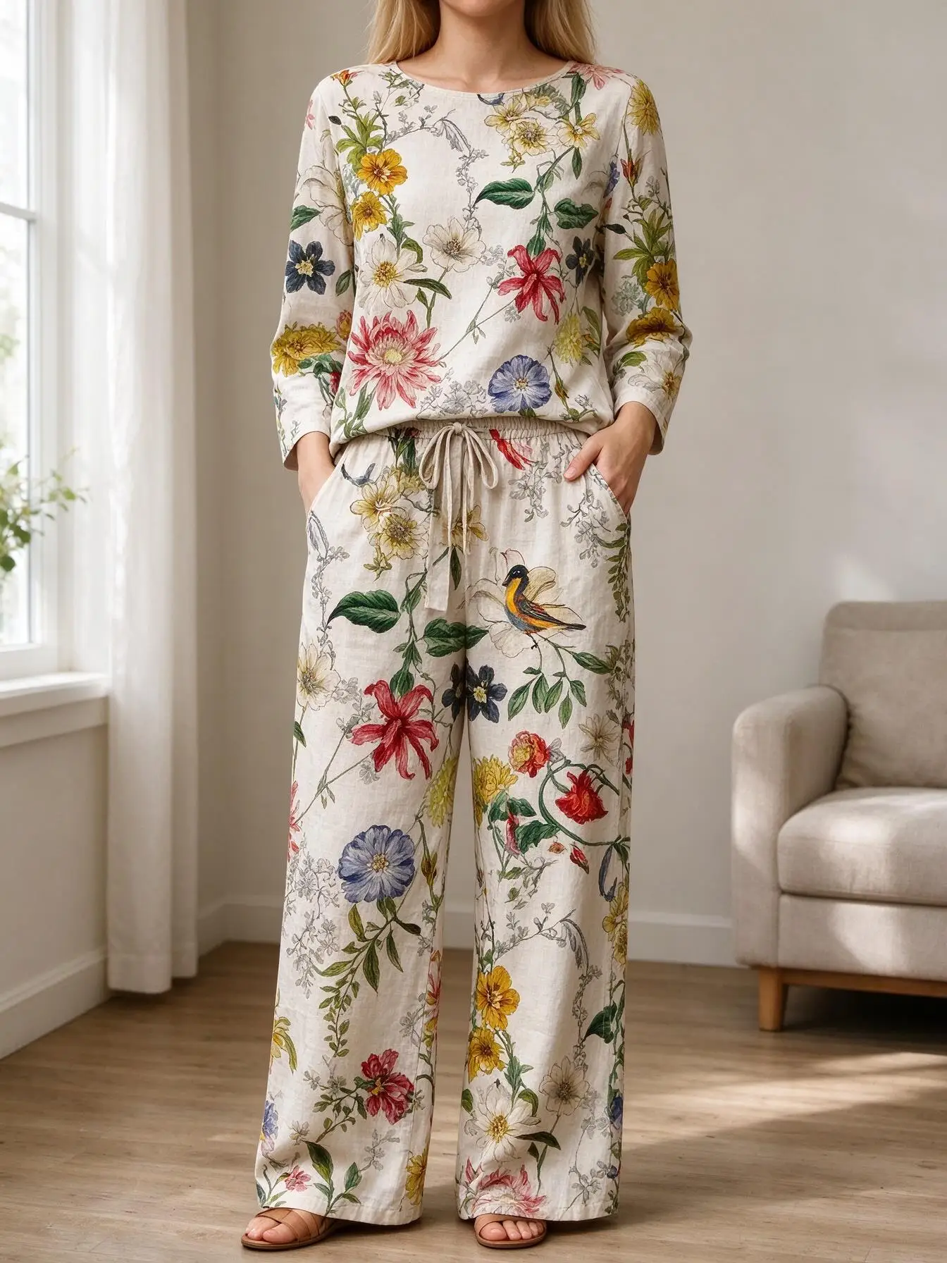 Women Imitation Cotton Pajama Set Vintage Botanical Floral Bird Print Round Neck Long Sleeve 2PCS Sleepwear Loungewear