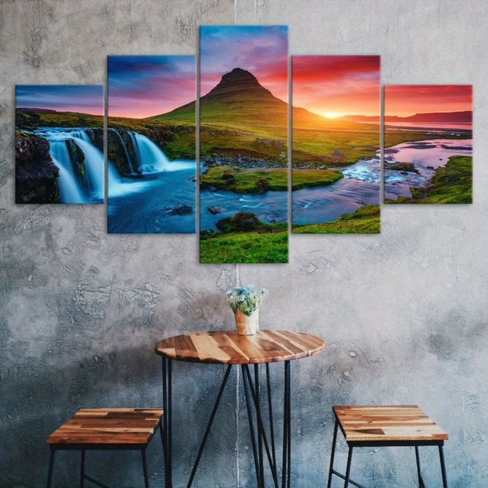 مجموعة فنية جدارية من القماش مكونة من 5 قطع، مشهد غروب الشمس المهيب، طراز آرت ديكو الكلاسيكي، ملصق رسم بالحبر بدون إطار، داخلي/خارجي #2