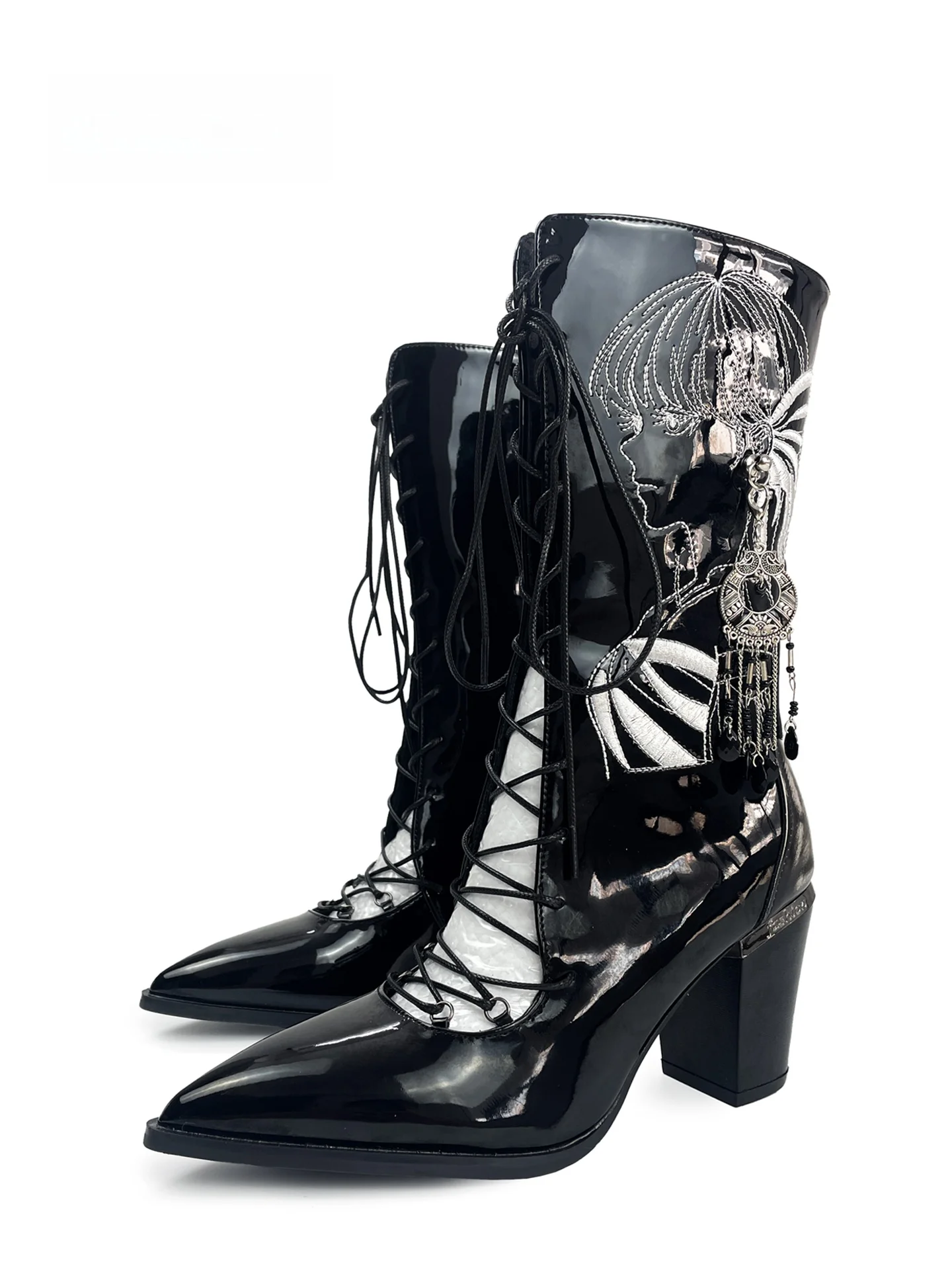 

MibVias Western Mid-Calf Boots Women's Punk Spicy Y2K Shortie Heightening 9CM Pointed Toe Thin Strap Fashionable Shoes