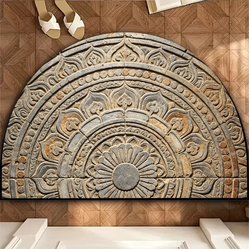 VIKAMA Half Circle Vintage Mandala Stone Carved Doormat Antique Non Slip Bohemian Entrance Rug Front Door Floor Mat Welcome Rug