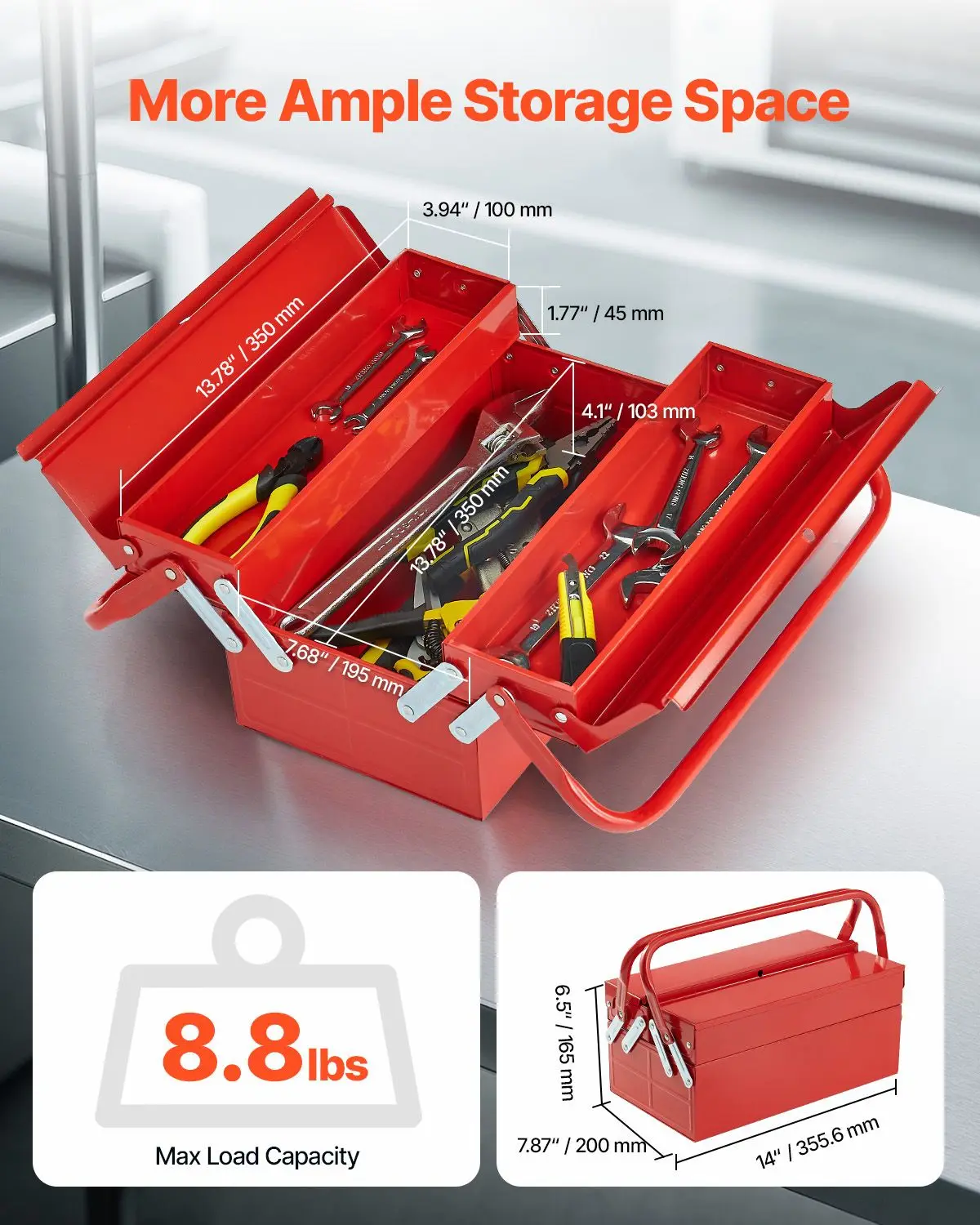 Metal Tool Box, 14-inch, 2-Tier 3-Tray Portable Folding Tool Chest Organizer with Handle & Lock Hole, Powder Coated Steel, Cantilever Toolbox for Household Factory Warehouse Repair Shop, Red