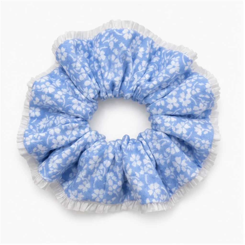 Jeju Sea Breeze Blue Floral Large Scrunchie Handmade Elastic Hair Tie Voluminous Ponytail Holder Fashion Hair Accessory