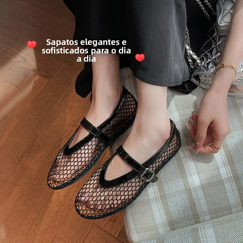 black-leather-version-spring-korean-style-mesh-hollow-mary-jane-flat-bottom-woven-fishing-net-shoes-women's-single-shoes