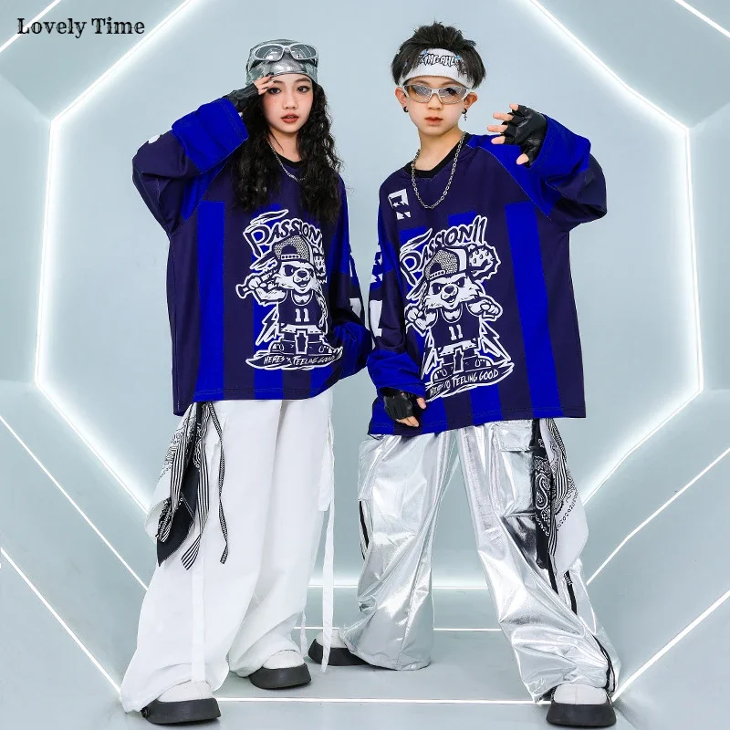 Girls K-pop Cool Sweatshirt Street Dance Silver Cargo Pants Boy Hip Hop Shiny Clothes Set Kids Jazz Costumes Children Streetwear