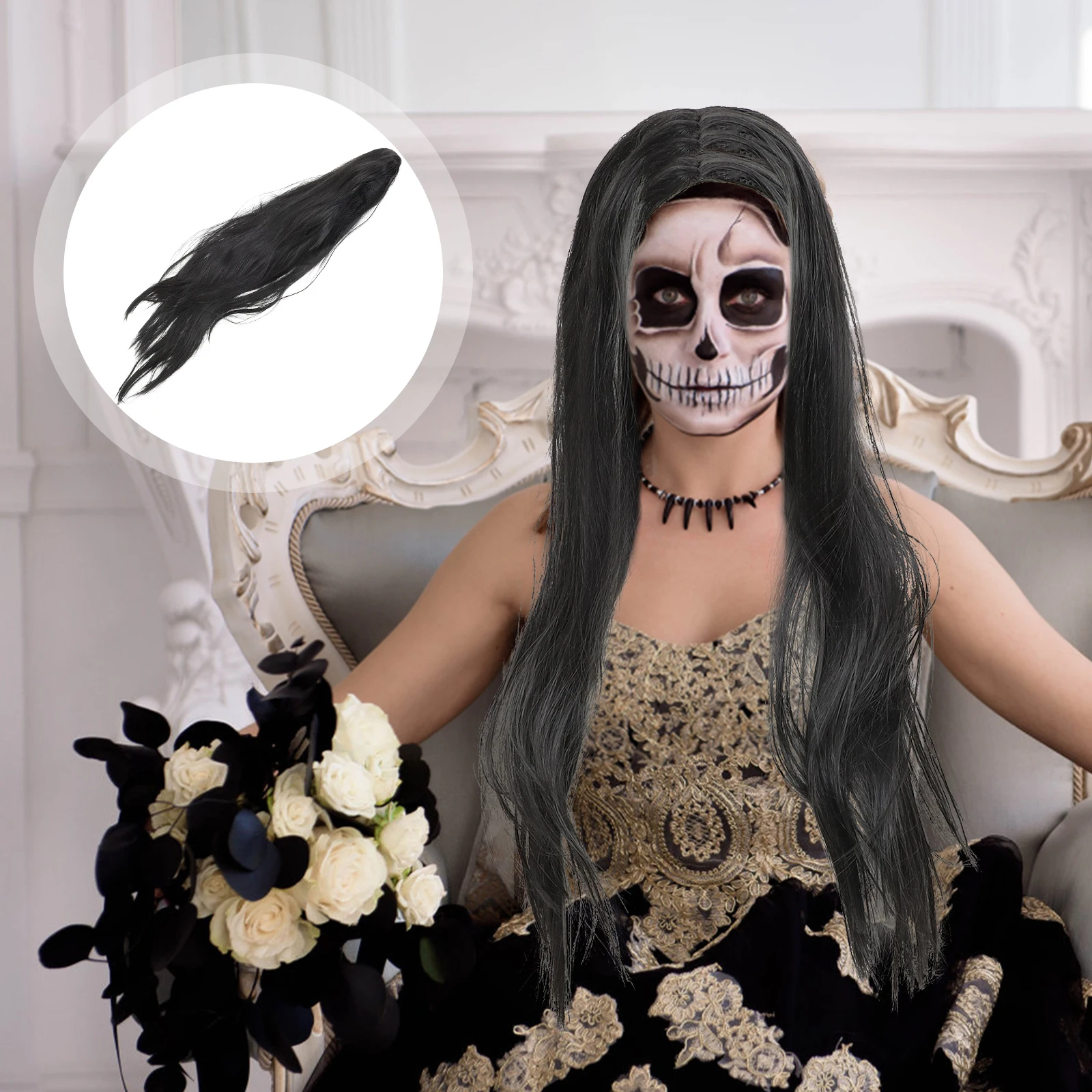 

Black Impermanence Ghost Costume Hair Halloween Long Synthetic Cosplay Clothing