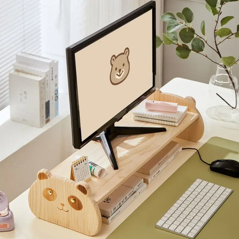 Computer-Monitorständer-Riser, einfacher und niedlicher Mädchenschlafsaal, niedlicher Bär, Desktop-Monitorhalter, Bücherregal aus Holz