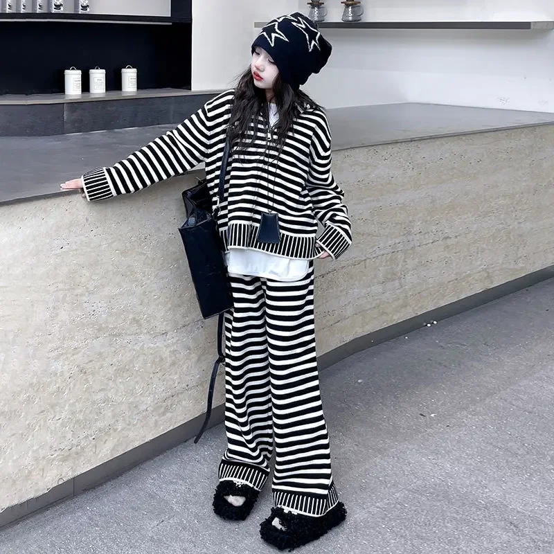 Girls' striped suit lazy style 2024 new children's spring and autumn coat knitted sweater wide leg pants