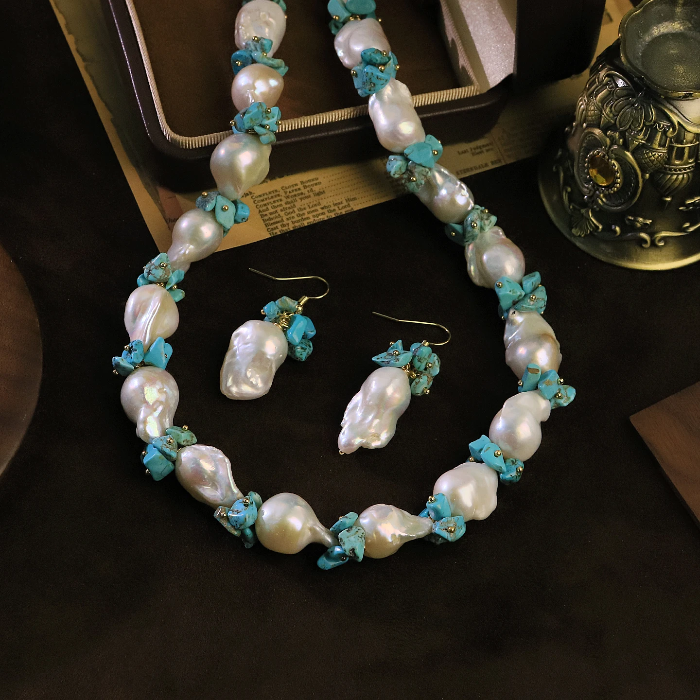 Baroque Freshwater Pearl Turquoise Two Piece Set for Women 's Gift Wedding Jewelry Dainty Pearl Necklace Earrings Boho Jewelry