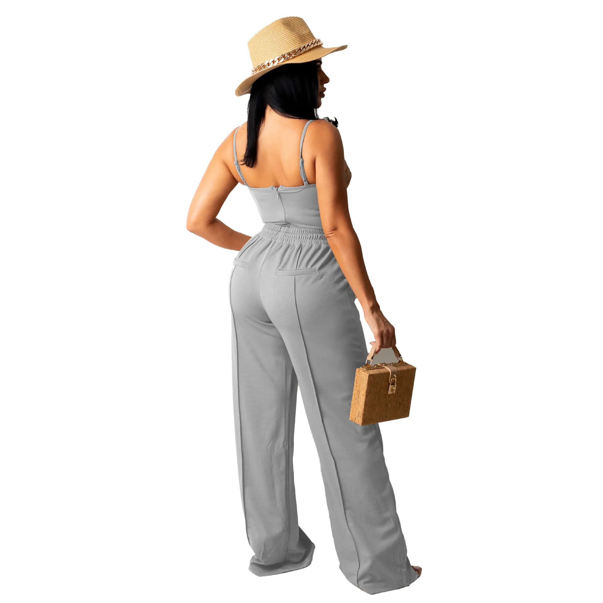 Szkzk summer two piece set female streetwear Camis and loose wide leg trousers with pocket elastic band solid color casual set