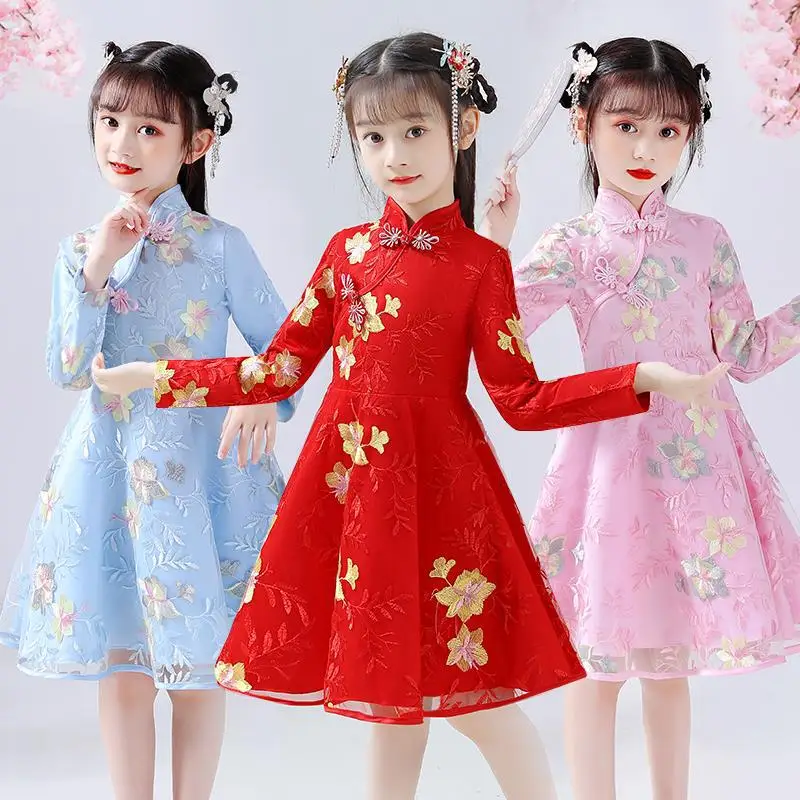 2023 Winte New Hanfu Cheongsam Kids Children Hanfu Dress Girls Chinese New Year Costumes Lovely Ancient Folk Dance Clothes