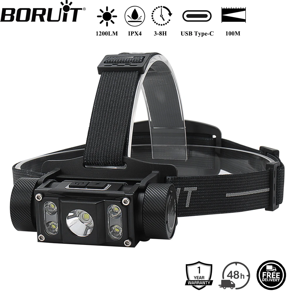 BORUiT B50 1200LM LED-Stirnlampe, leistungsstarker Typ C wiederaufladbarer 21700-Akku-Scheinwerfer, wasserdicht, Angeln, Camping, Stirnlampe
