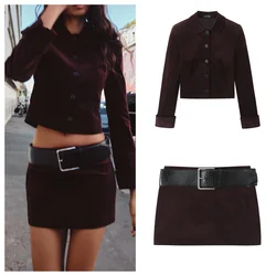 Autumn new style lapel long-sleeved single-breasted suit jacket with belt low waist mini skirt female velvet fabric temperament