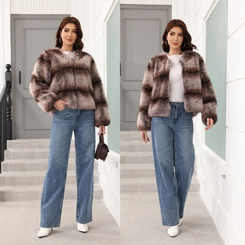 Luxury High Street Stripe Fur Coat Women Autumn Winter Faux Fur Jacket Warm Thick Short Tops O-neck Long Sleeve Cardigan Design