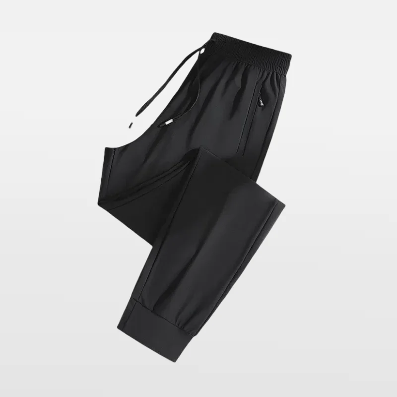 Calça esportiva solta masculina, seda gelo, fina, casual, mangas retas, bolsos dianteiros e traseiros fechados, calça de nylon com alta elasticidade, nova