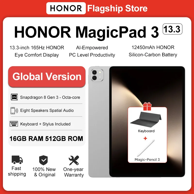 New HONOR MagicPad3 Tablet Global Version 13.3'' 165Hz Eye Protection Screen Snapdragon 8 Gen 3 12450mAh Long-Lasting Battery