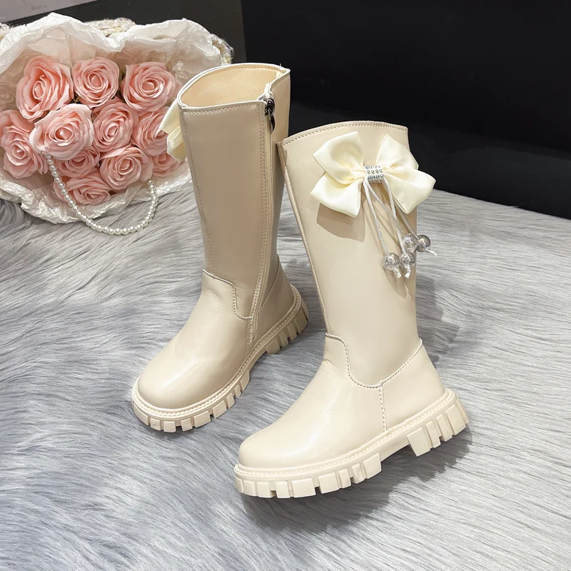 Baby Winter Sweet Girls Crystal Round Toe Cute Catwalk Boots Tall Square Heels Kids Bow Soft Shoes Elegant ZIP Banquet