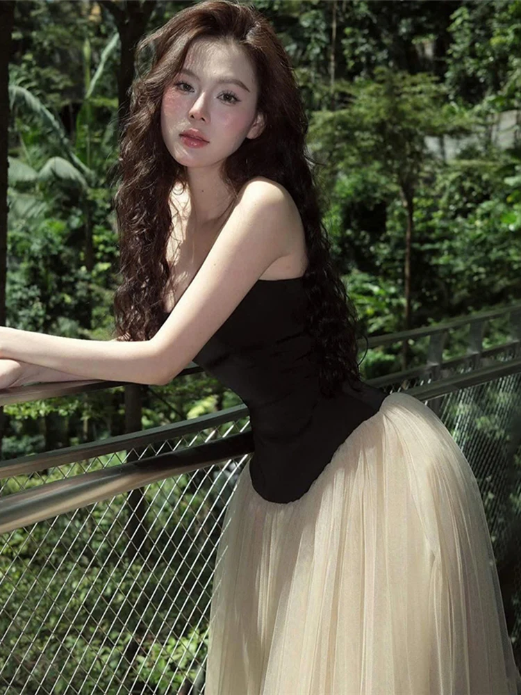 Estranho gato retalhos em camadas vestido feminino sexy sem alças malha elegante princesa noite festa de aniversário simples magro maxi bodycon