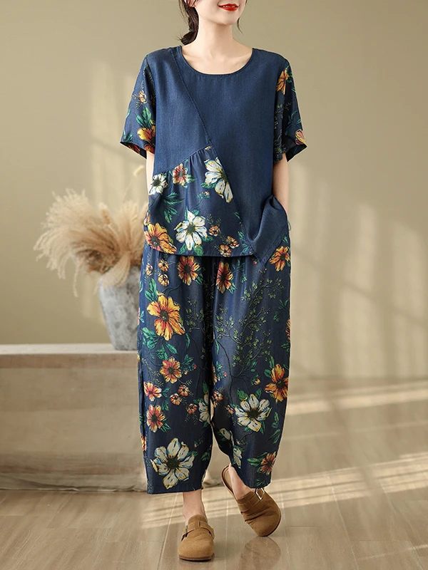Faionable Silk Denim Print Patchwork ort Sve round Ne T-irt Elastic Waist Nine Points Harlan Pants Two-Piece Set