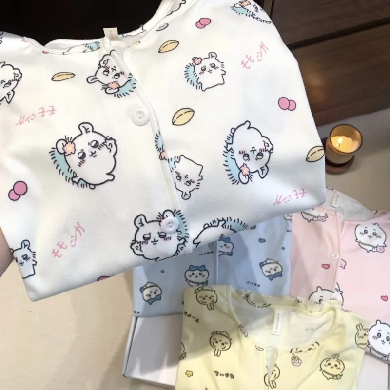 Cute Chiikawa Momonga Cartoon Pajamas Set for Thin Fleece Open Collar Warm Homewear Autumn Winter Viral Lounge Wear Women NewNew