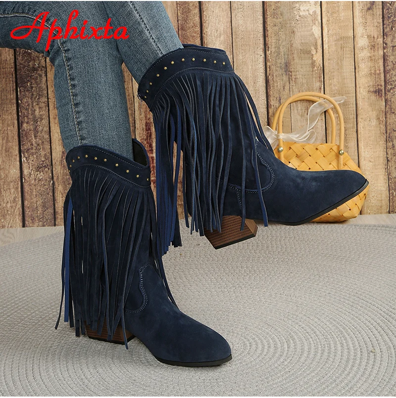 

Aphixta Blue Flock Mid-Calf Boots 6cm Square Heel Tassel Design Size Zip Fringe Woman Shoes Big Size 43 Cowboy Western Boot