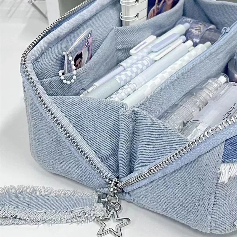 Y2K Vintage Star Denim Pencil Case Girls Fashion Casual Retro Zipper Large Capacity Stationery Case Unisex Multifunctional Gifts