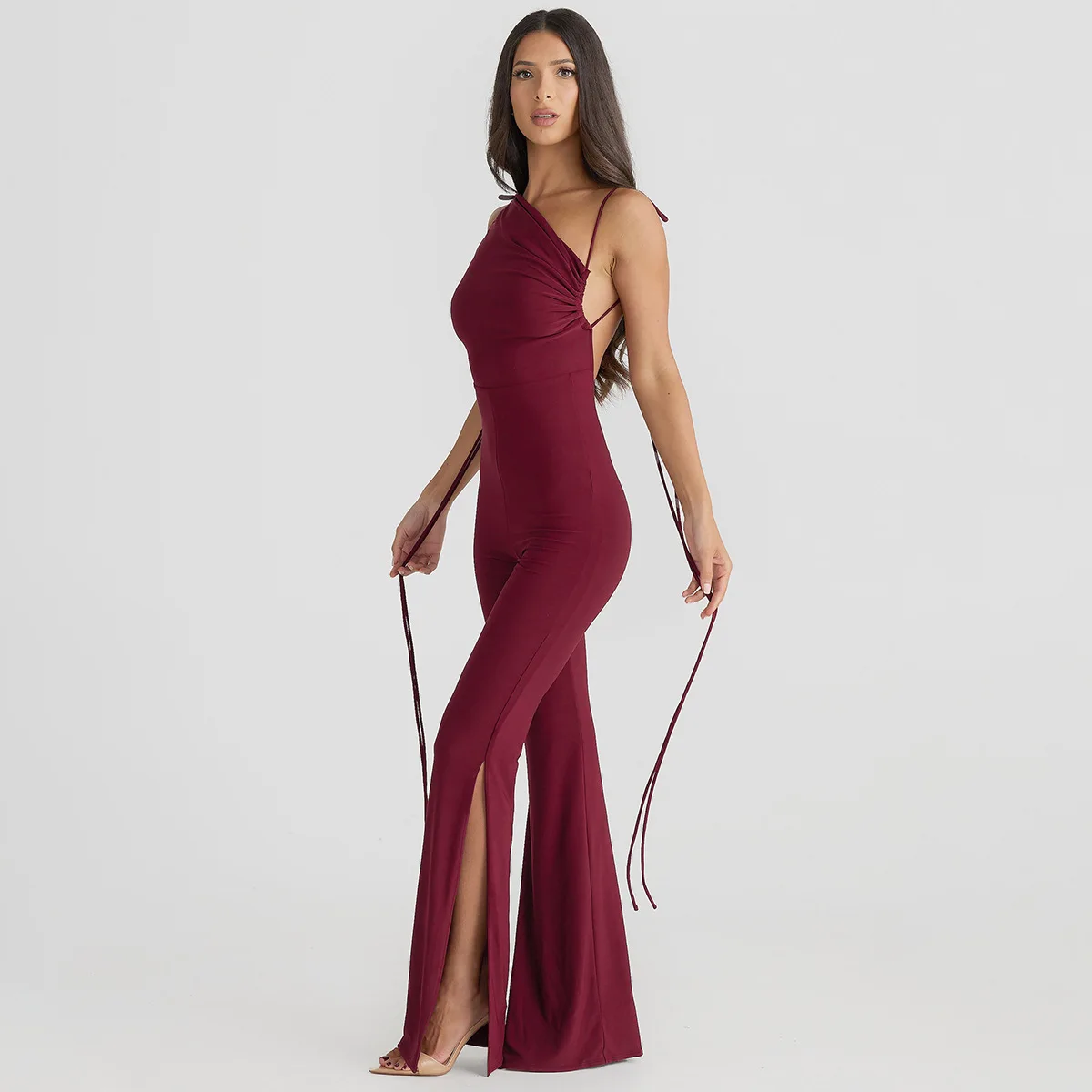 Sexy Backless Sleeveless Solid Jumpsuits Women Halter Lace Up Split Long Pants Jumpsuit Elegant Loose Long Jumpsuits