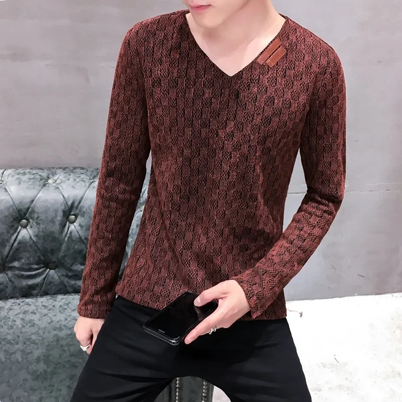 2023 Trend Men\'s Long Sleeve Slim Shirts Sweatshirt Large Size Mesh Yarn Base Shirt Top