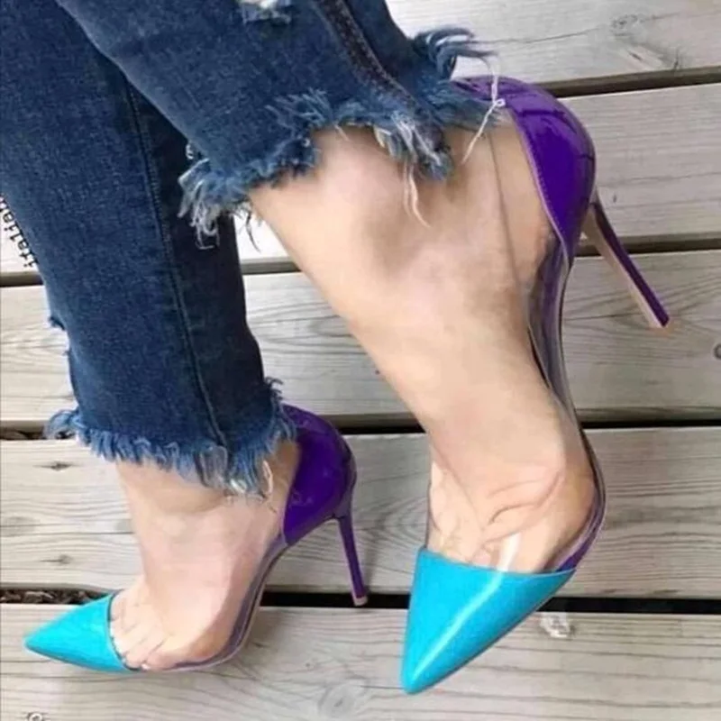 

Transparent PVC Women Patchwork High Heel Shoes Blue Purple Patent Leather Pointed Toe Slip On 12cm 10cm 8cm Stiletto Heels Shoe