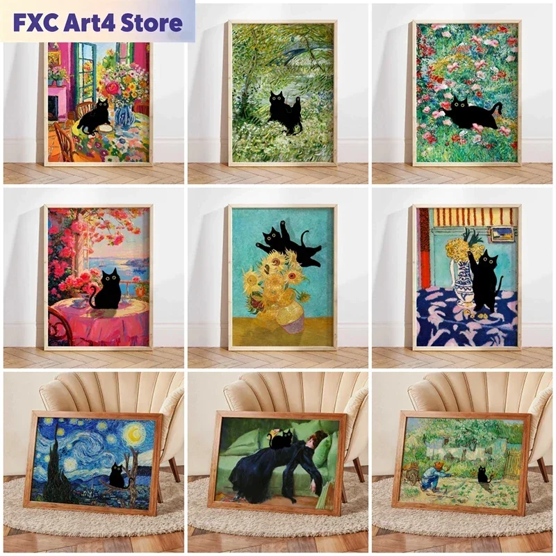 Frameless Black Cat Water Lily Art Print Funny Monet Style Poster Canvas Painting Whimsical Wall Art Picture for Home Decoration