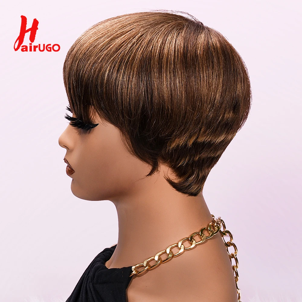 Wig Pixcut sorot Pixie Cut Wig rambut manusia untuk wanita Peruvian Non-Remy mesin penuh dibuat Wig lurus tanpa lem HairUGo