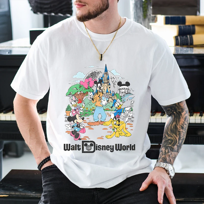 

Vintage Disney World Mickey And Friends Print Men's T-Shirt Cotton Short Sleeve Casual Top Adult Clothing