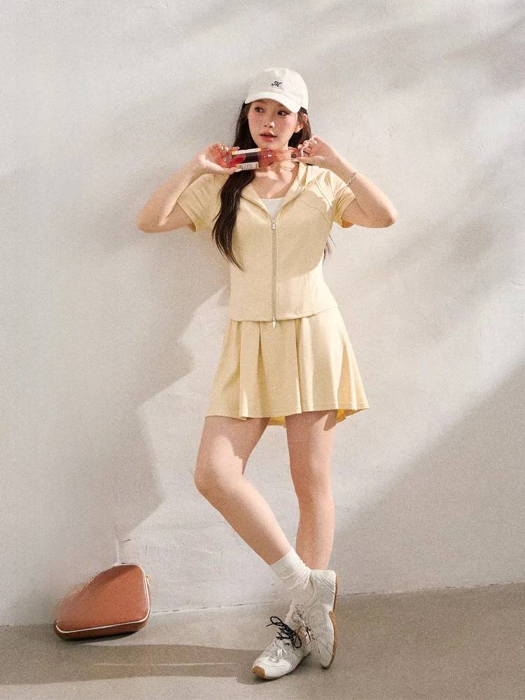 

plus Size Summer Slimming Korean Style Hoodie Sweatshirt High Waist Skirt Set Yellow Color Commute Fashion Casual Zipper