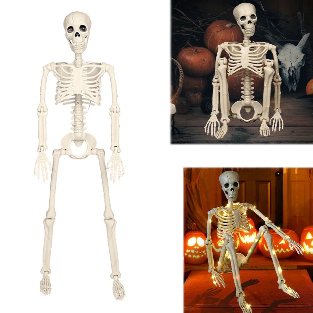 

90cm Halloween Lighted Skull Sculpture with LED Lights Simulation Skull Ornament Human Skeleton Model for Home Party Decoration