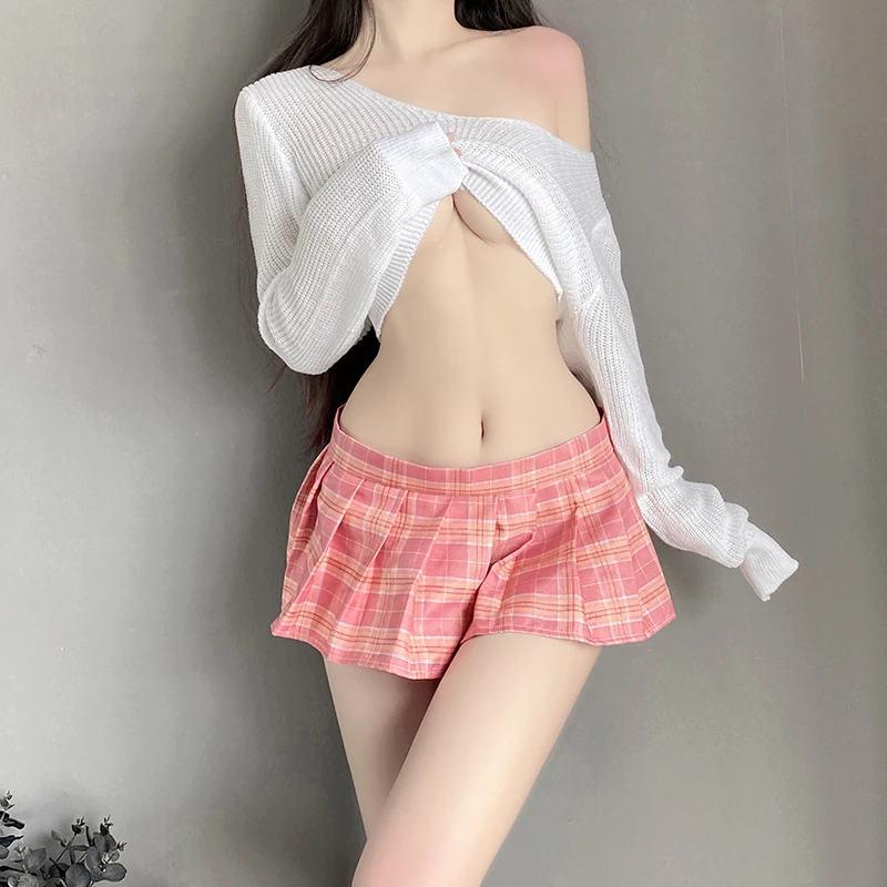 

School Girls Uniform Cosplay Lingerie Women Costume Top Shirt with Plaid Skirt Sexy Student Uniform Role Play Porno Outfits