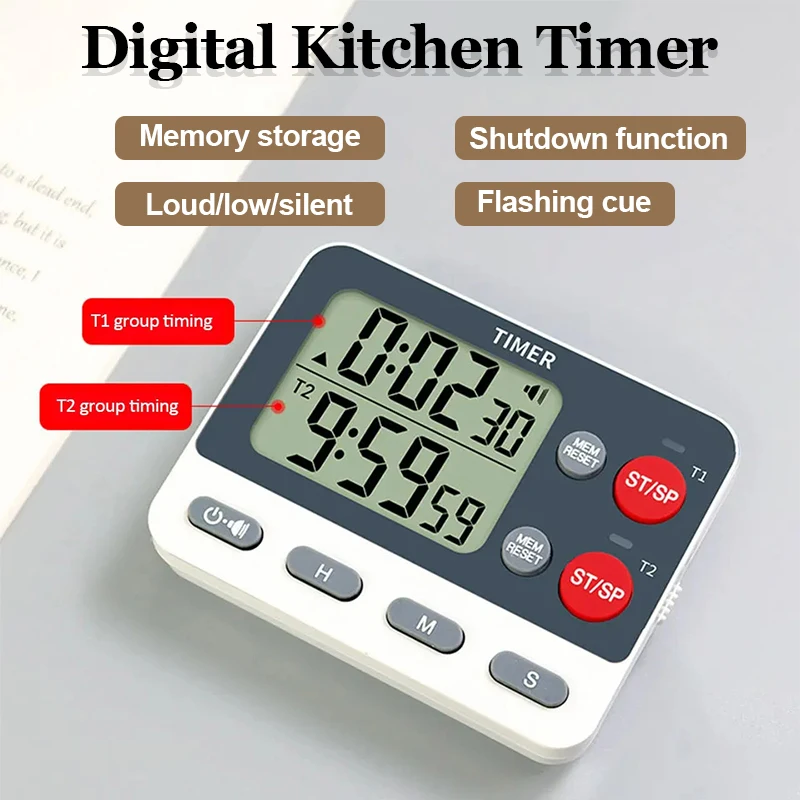 Digitale kookwekker met geheugenfunctie 2 kanalen tellen Dempen Knipperende timer UP/Down Timer 3 niveaus Volume Luide wekker