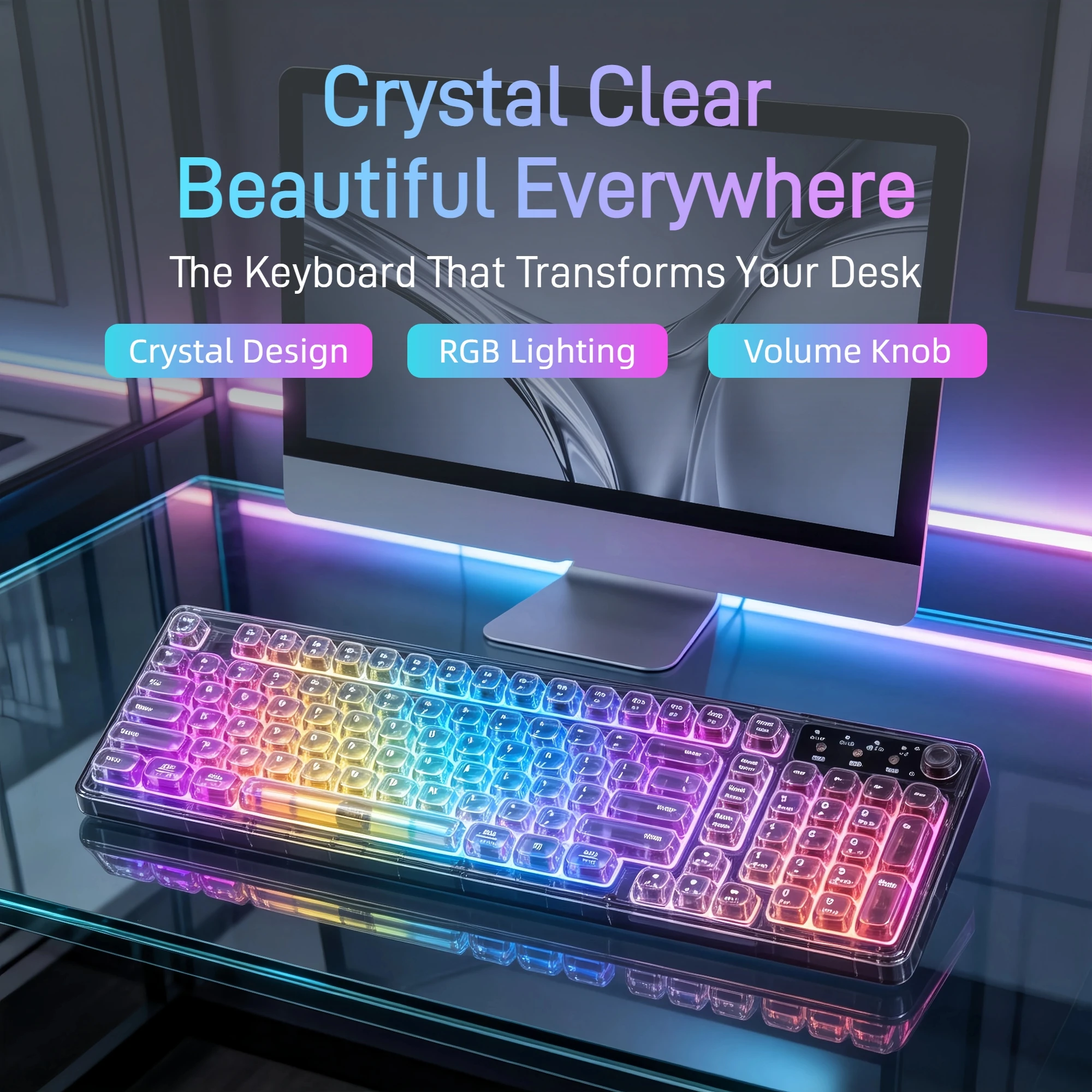 Work Desk Home Setup - Teclado RGB Crystal, Teclado Mecânico Sem