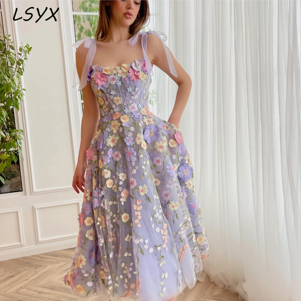 LSYX abito da sera con spalline sottili per donna 2024 A Line Appliques floreali Backless squisiti abiti da ballo Robes De Soiree