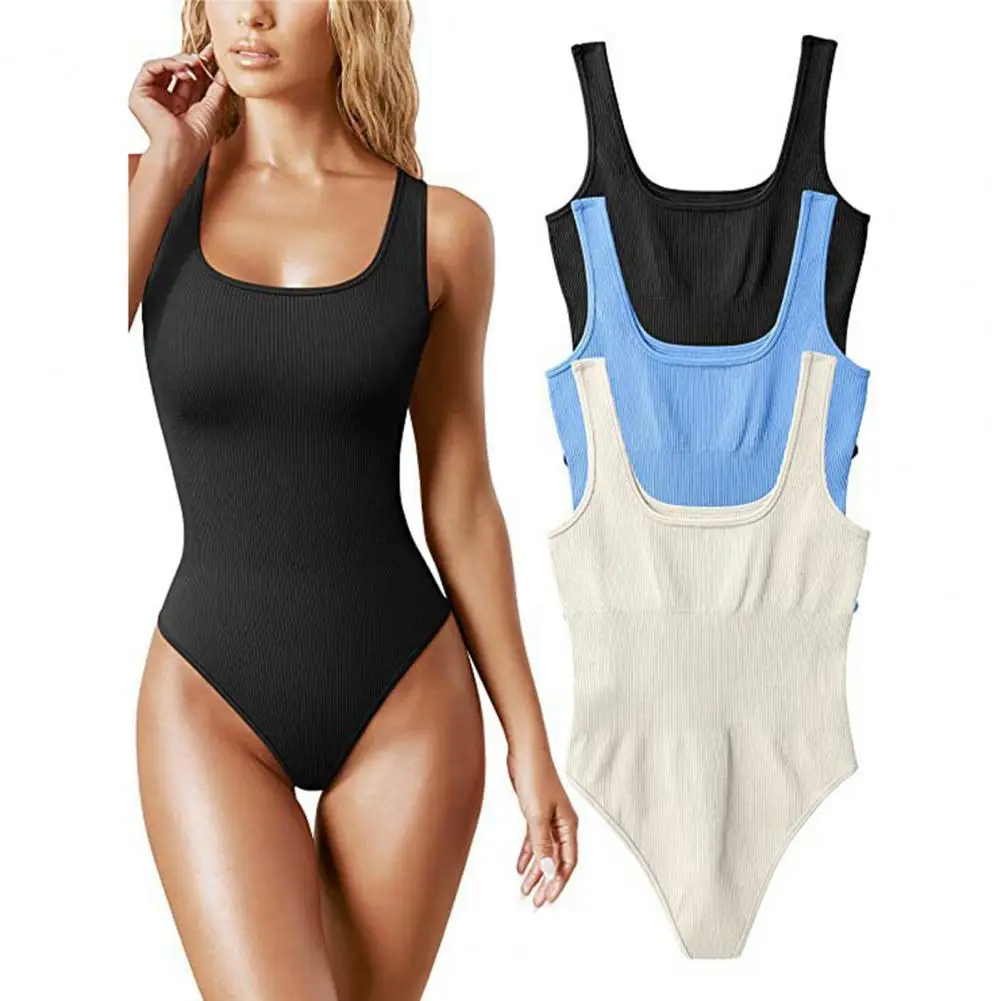 3 Pcs Women Summer Bodysuits Solid Color U Neck Sleeveless High Waist Clubwear Elastic Backless Beach Playsuits Female Clothes