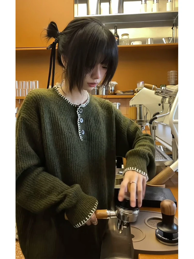 

Мужской вязаный свитер Laid-ba Korean Sle с воротником Хенри, цвет мха, из смесовой шерсти, с длинными рукавами, свободного кроя, осень-зима