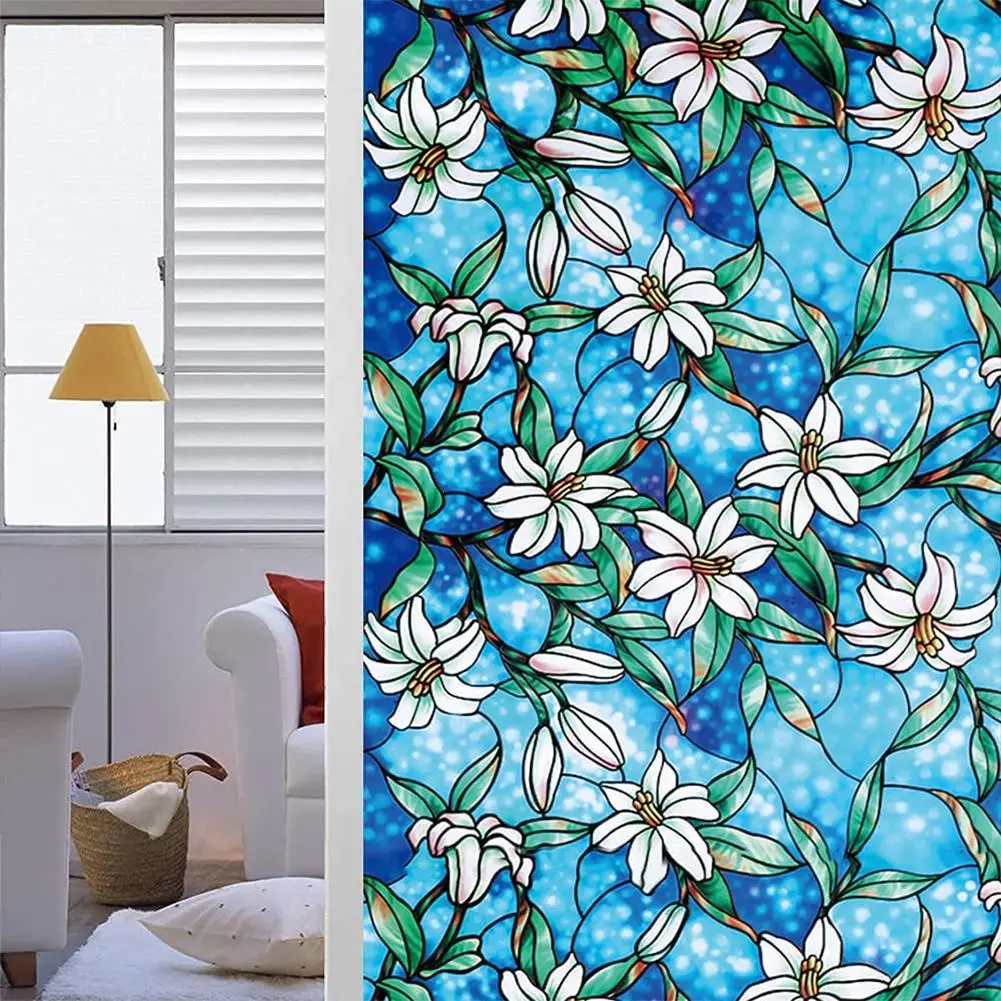 Pvc Painted Orchid Pattern Electrostatic Glass  Film Colorful Printing Glue-free Window Sticker Protection Seamless Window Stick