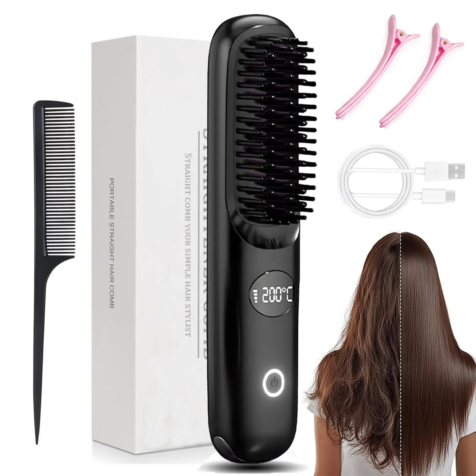 Cepillo Alisador de Cabello Inalámbrico, Mini Cepillo Alisador Portátil para Mujer, Calentamiento Rápido, para Viajes, Cabello Liso y sin Frizz